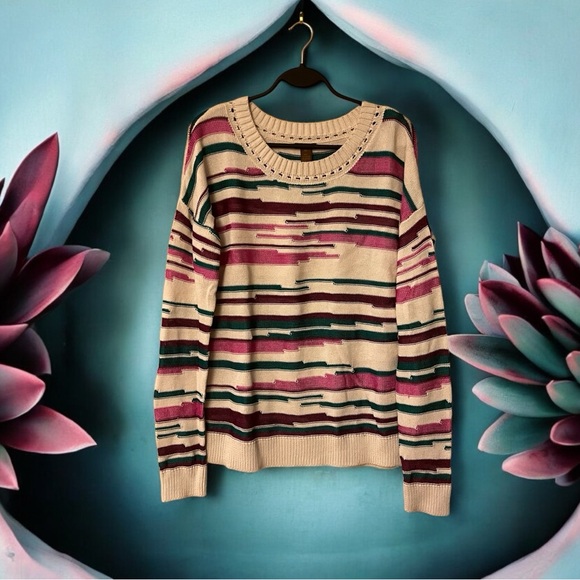 Copper Key Cream with Burgundy/Pink/Teal Stripes Knit Sweater - Picture 1 of 11